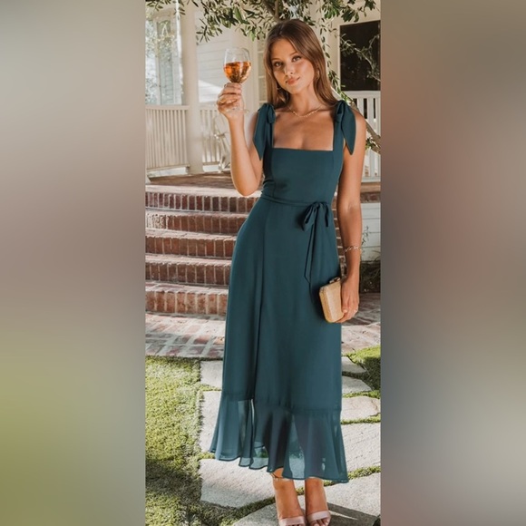 SHOW ME YOUR MUMU Claire Elegant Emerald Chiffon Midi Dress Bridesmaid NWT - Picture 2 of 12